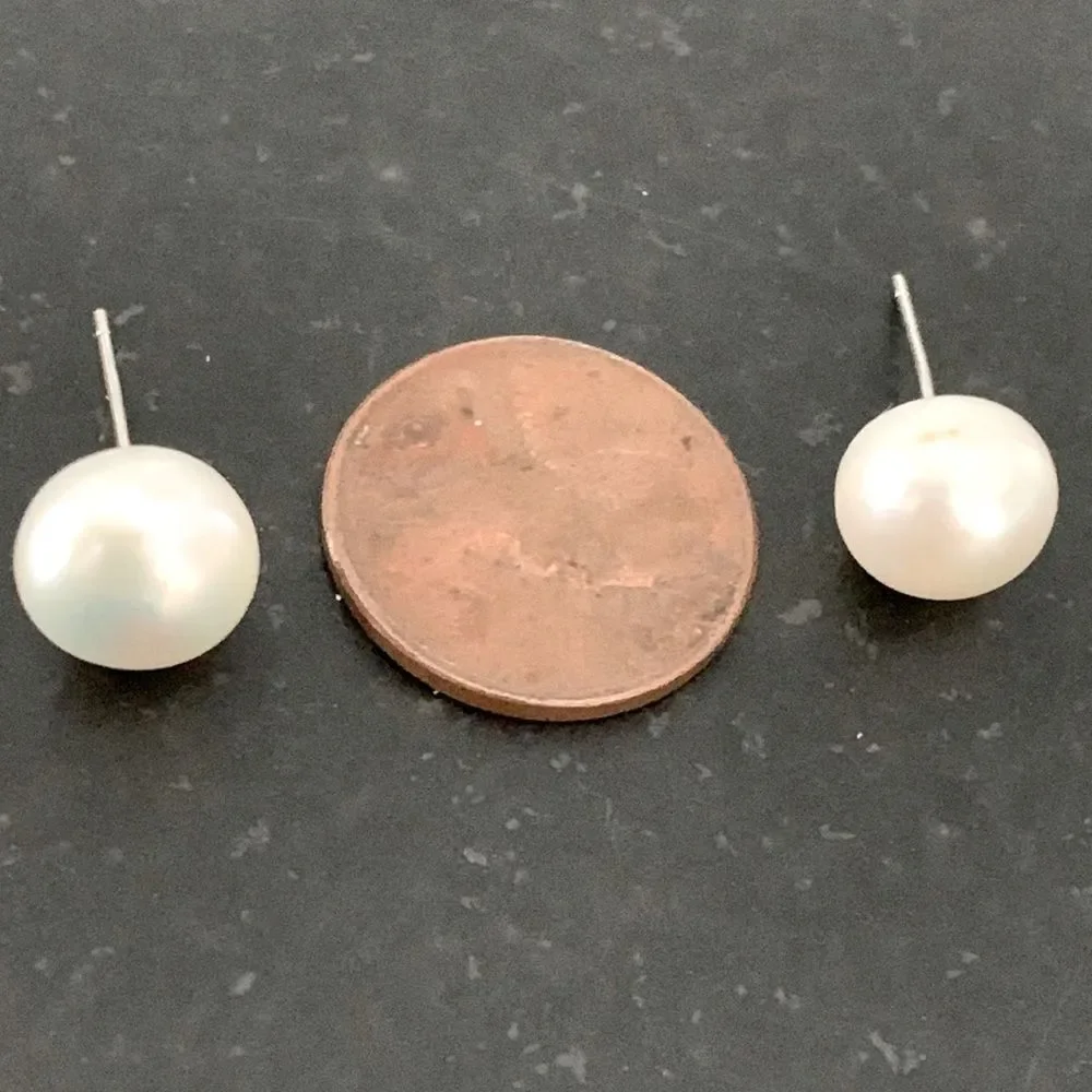 Men’s Large Freshwater Pearl Stud Earrings Silver Tone - 9-10mm